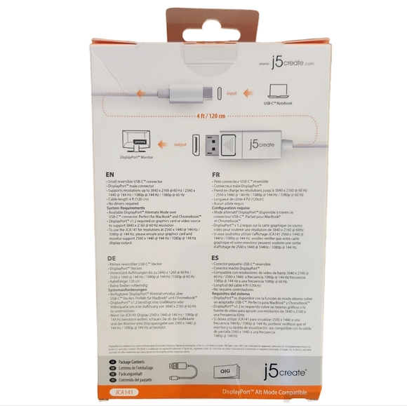 j5Create USB Type-C to 4K/60 Ultra HD DisplayPort Cable JCA141 4 ft. Cable NEW - Picture 2 of 7
